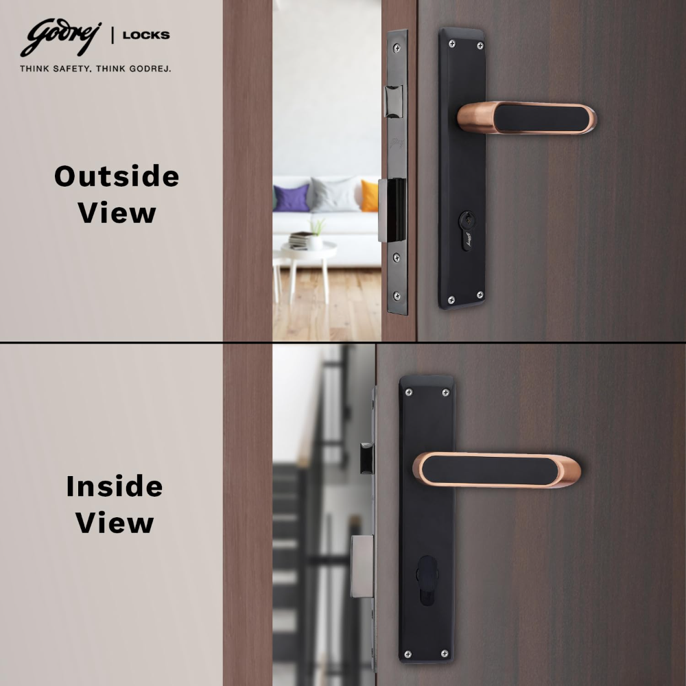 Godrej Mortise Lock|Handle Lock Set for Main & Internal Door of Home & Offices|NEH 21|Black Rose Finish|10 inch Lockbody|60mm Cylinder Key from Outside knob from Inside & 3 Keys|5 Years Warranty